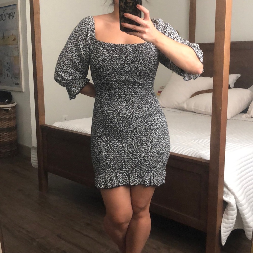 Floral scrunch off shoulder mini dress